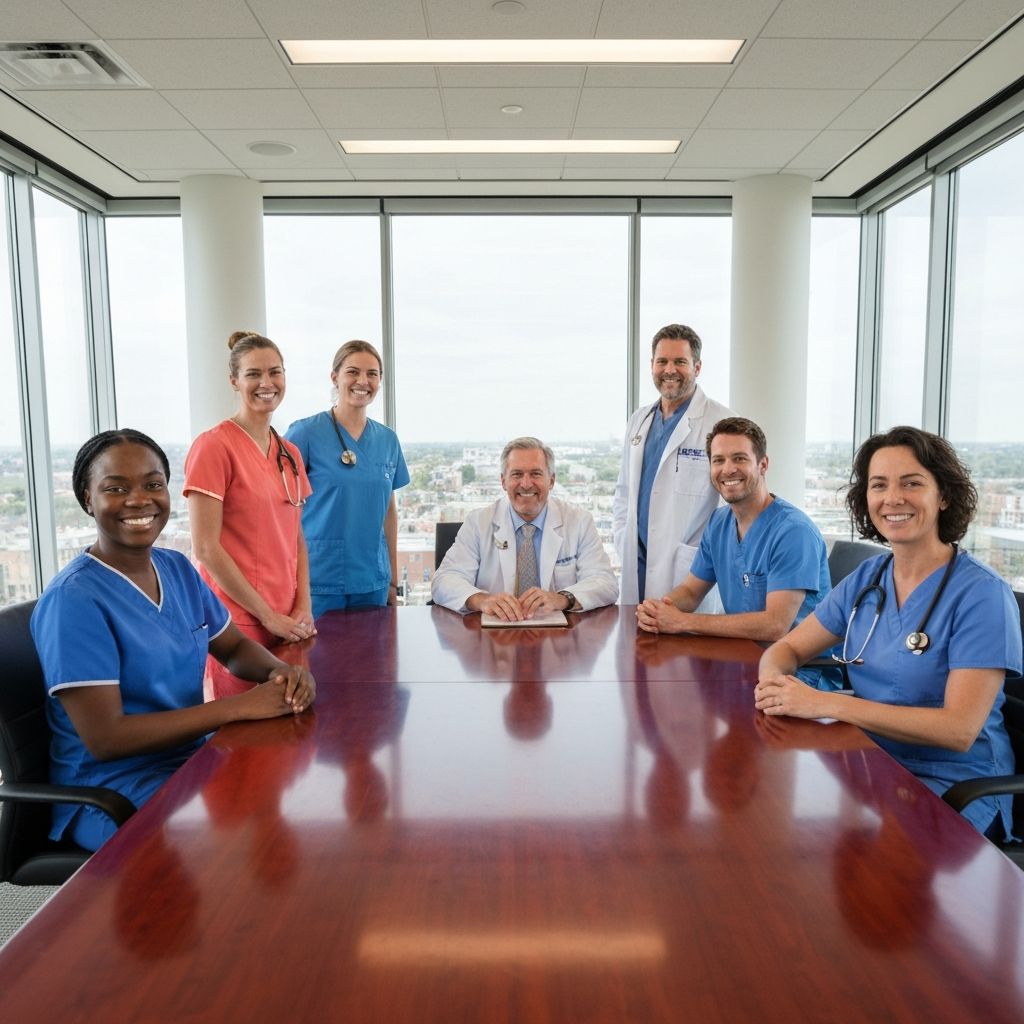 A diverse team of CareHubSupport managers and nurses seated around a round table in a bright modern boardroom, smiling toward the camera