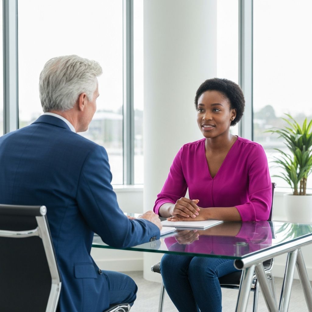 A healthcare recruiter interviewing a confident young female nurse across a glass desk in a bright modern recruitment office