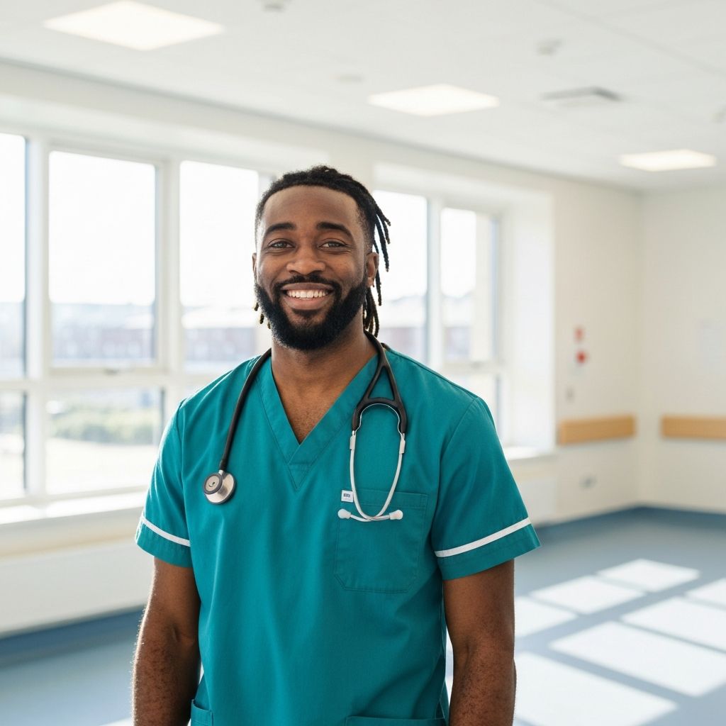 A confident Black British male nurse in teal scrubs with a stethoscope smiling warmly in a bright modern hospital ward