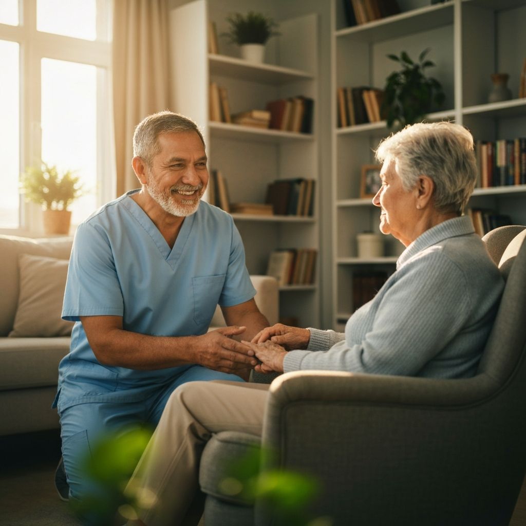 A compassionate female caregiver in light blue scrubs kneeling beside an elderly woman in a cosy home armchair, holding her hands gently