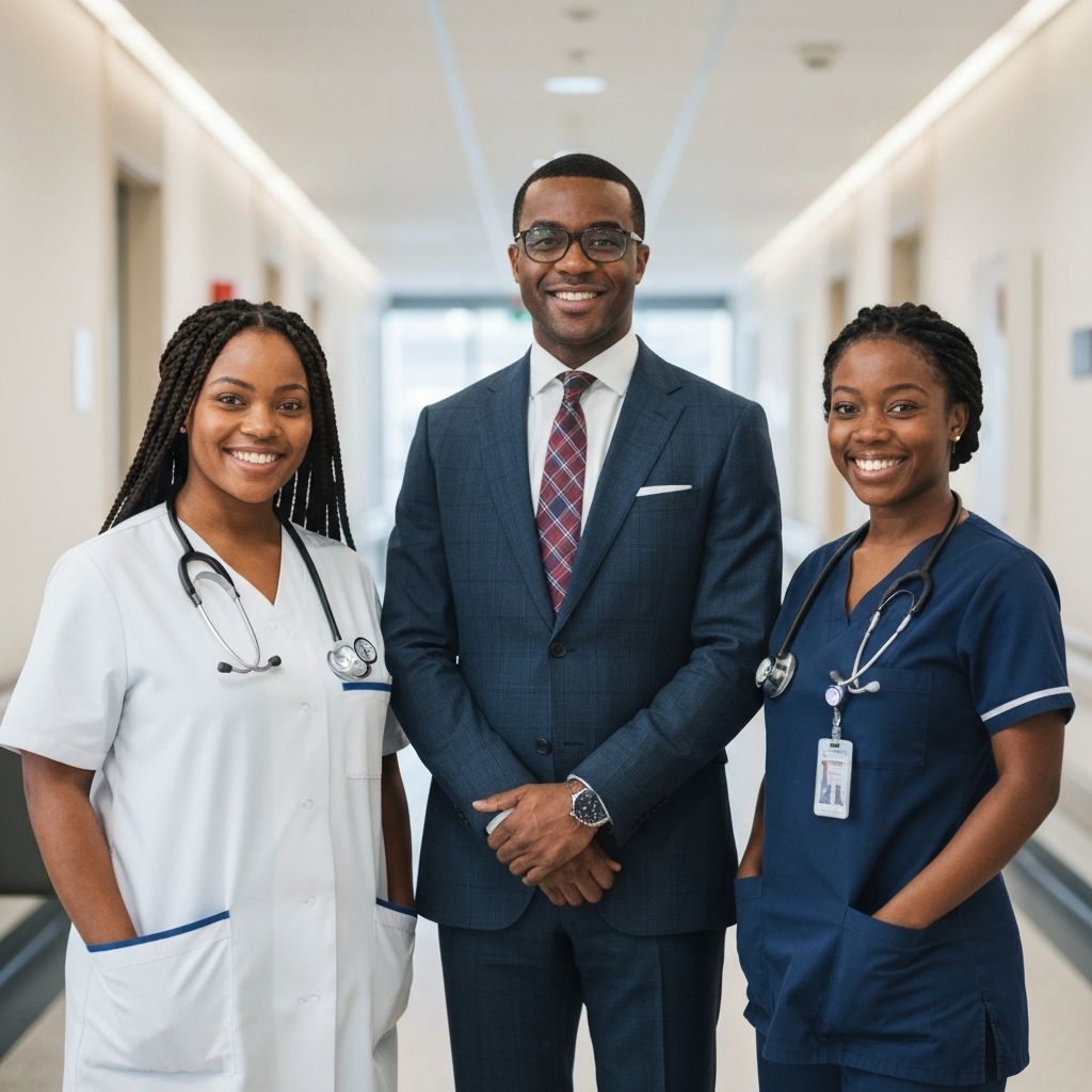 A diverse group of Afro-Caribbean and mixed-race healthcare professionals — nurses, care assistants and support workers — standing confidently in a modern hospital corridor