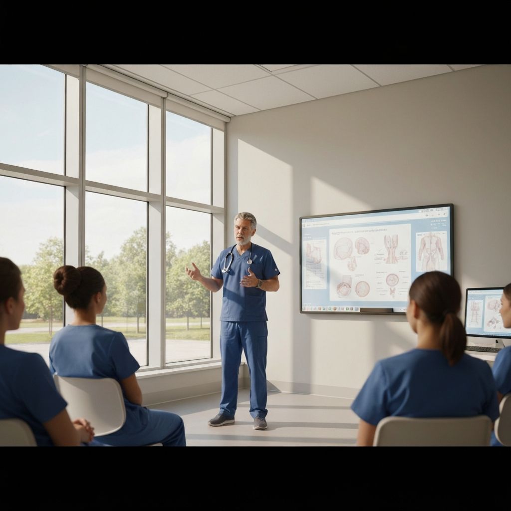 A healthcare trainer in navy scrubs presenting medical training diagrams on an interactive whiteboard to a group of attentive nursing students