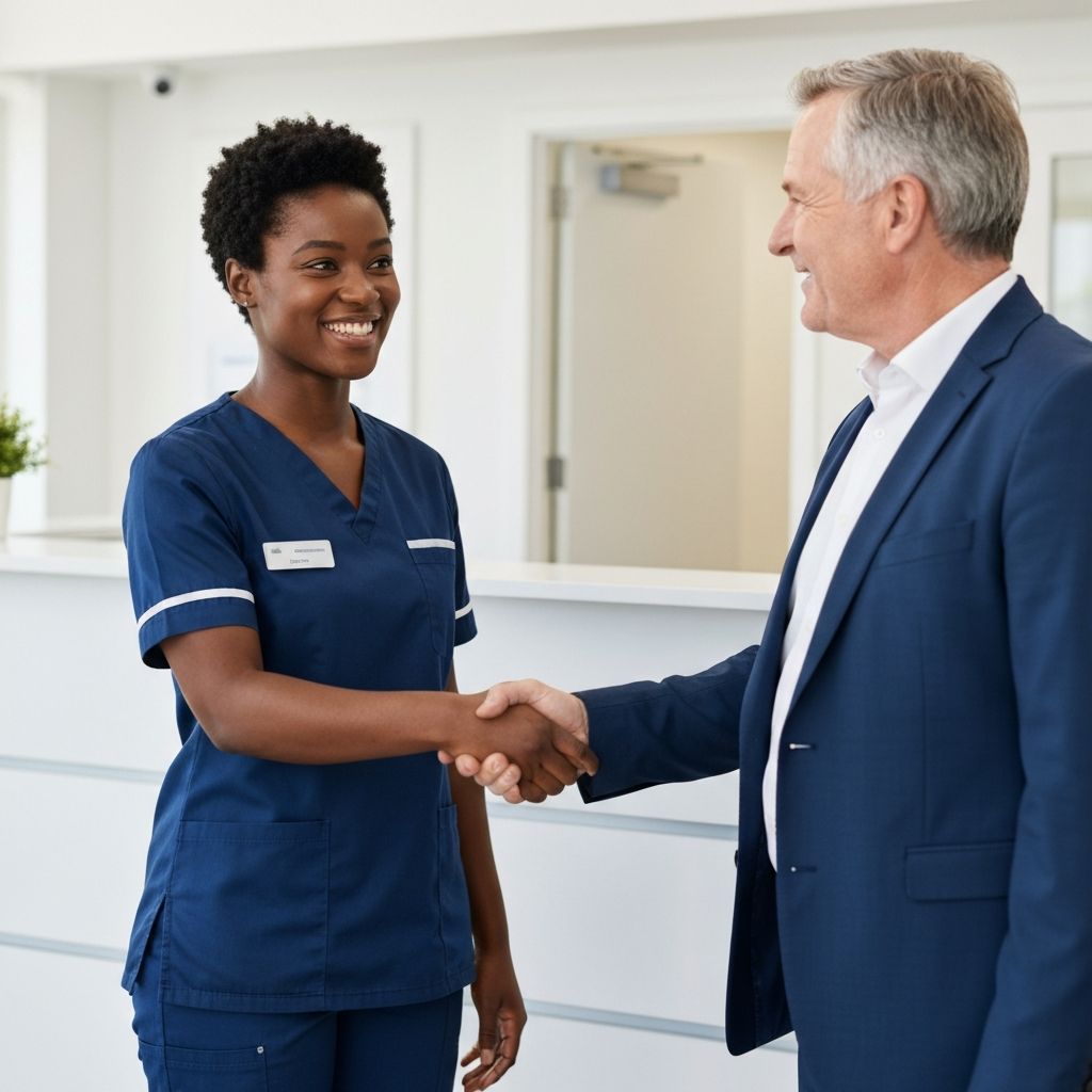 A smiling Black female nurse in navy scrubs shaking hands with a satisfied healthcare manager in a bright modern clinic reception