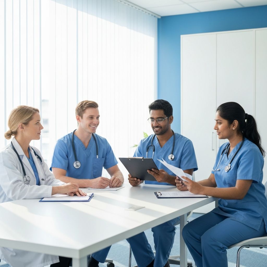 Healthcare recruitment professionals meeting to discuss staffing solutions