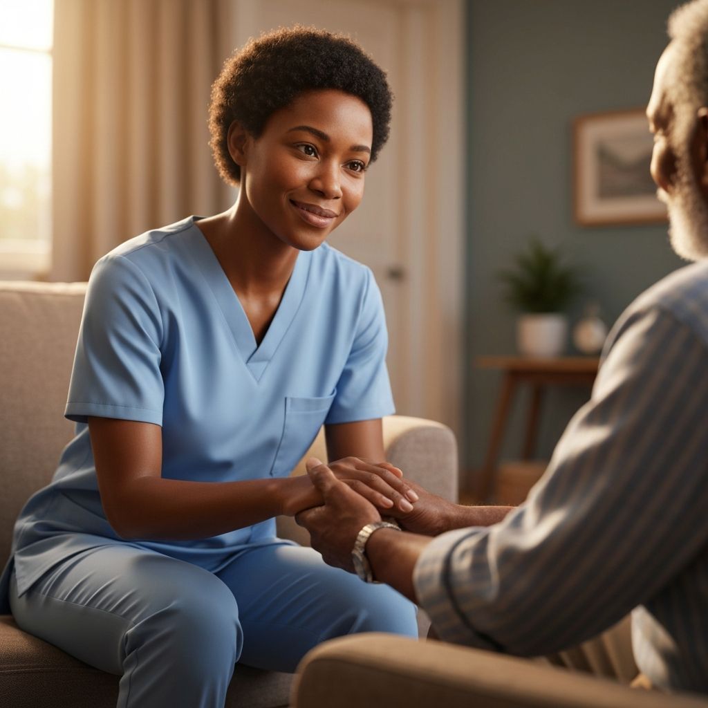 A compassionate nurse holding the hands of an elderly gentleman in a home living room, embodying CareHubSupport's mission of person-centred care