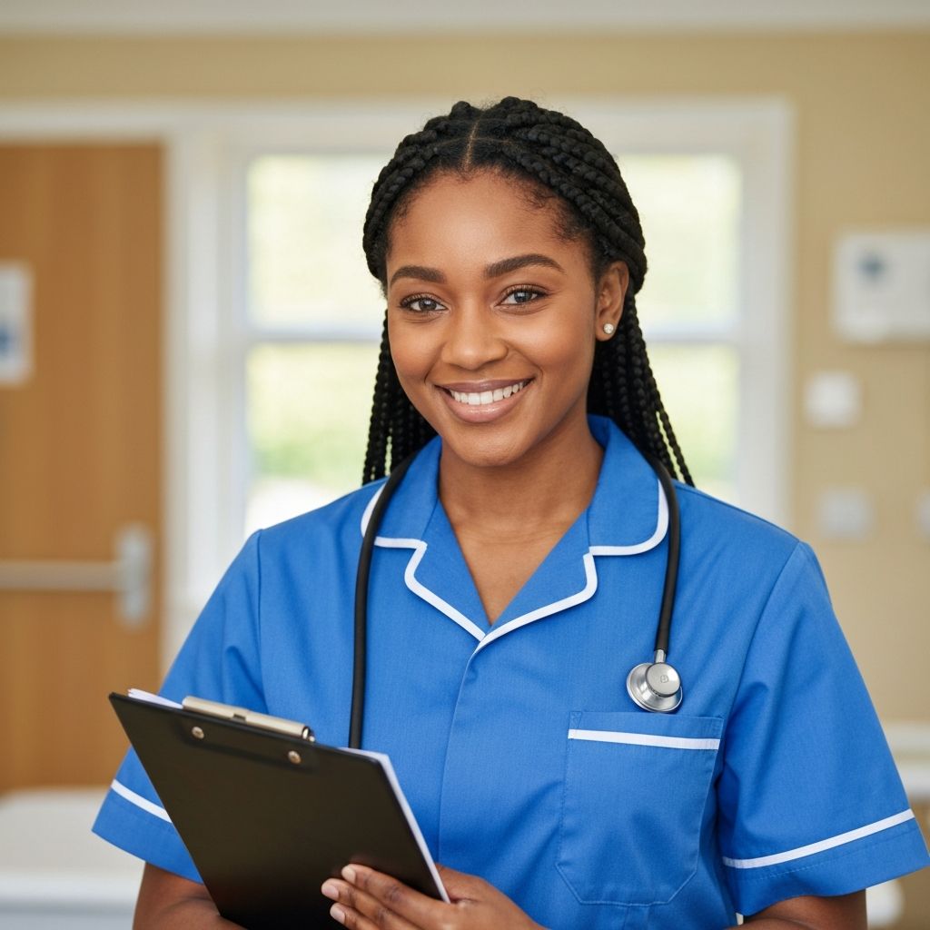 A confident Afro-Caribbean female care assistant in blue scrubs holding a patient clipboard, ready to provide attentive one-to-one care