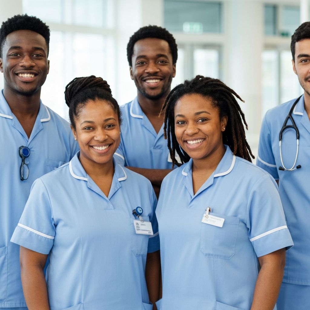 Four smiling Afro-Caribbean and mixed-race healthcare professionals in clinical uniforms, representing the registered nurses CareHubSupport recruits
