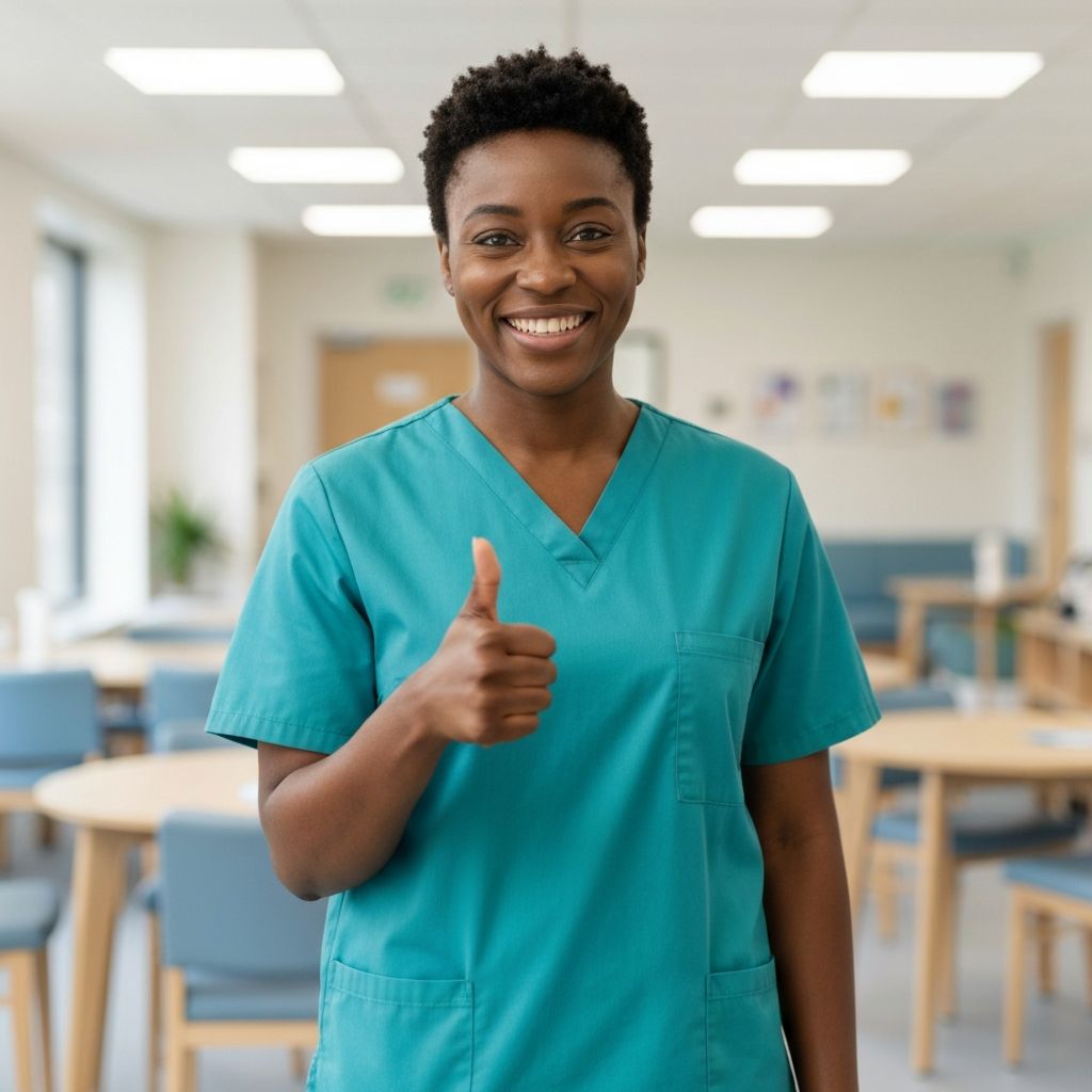 A confident Black British support worker in teal scrubs giving a thumbs up, representing the positive and caring professionals CareHubSupport recruits