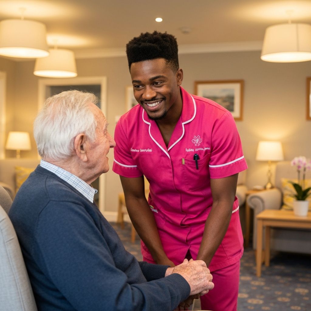 An Afro-Caribbean care worker in a pink uniform engaging warmly with an elderly gentleman in a care home setting, reflecting CareHubSupport's specialist dementia support