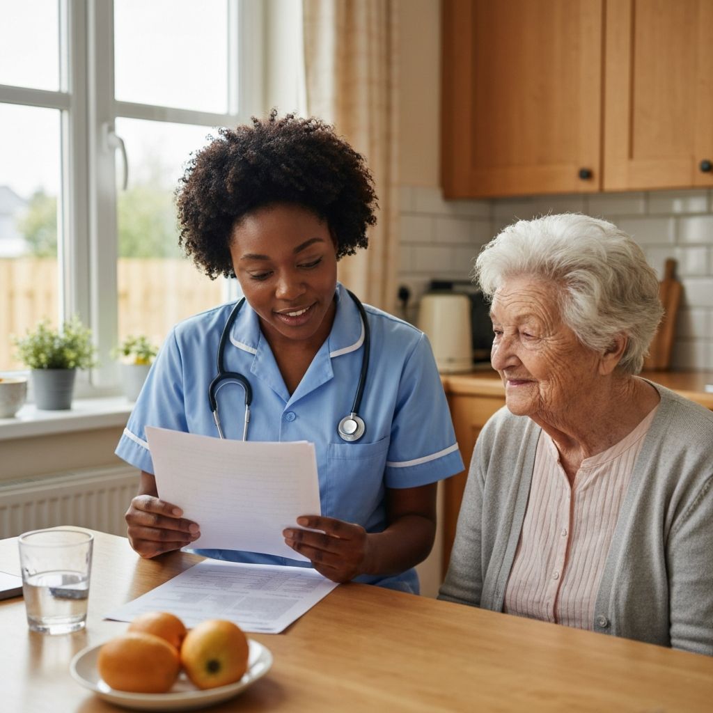 A Black British nurse in a light blue uniform reviewing care documents with an elderly woman at a home kitchen table