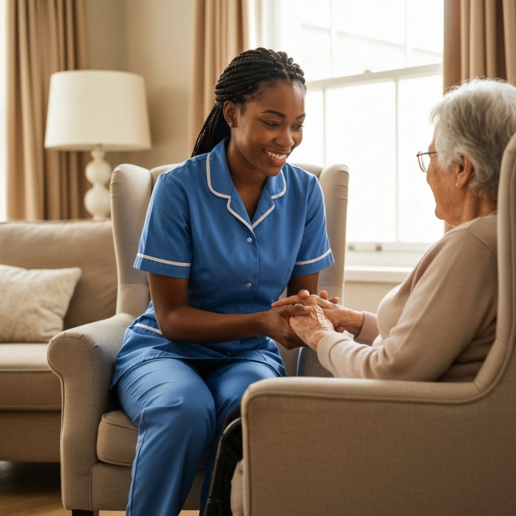 A compassionate Afro-Caribbean female carer in a blue uniform sitting alongside an elderly woman at home, providing personal care