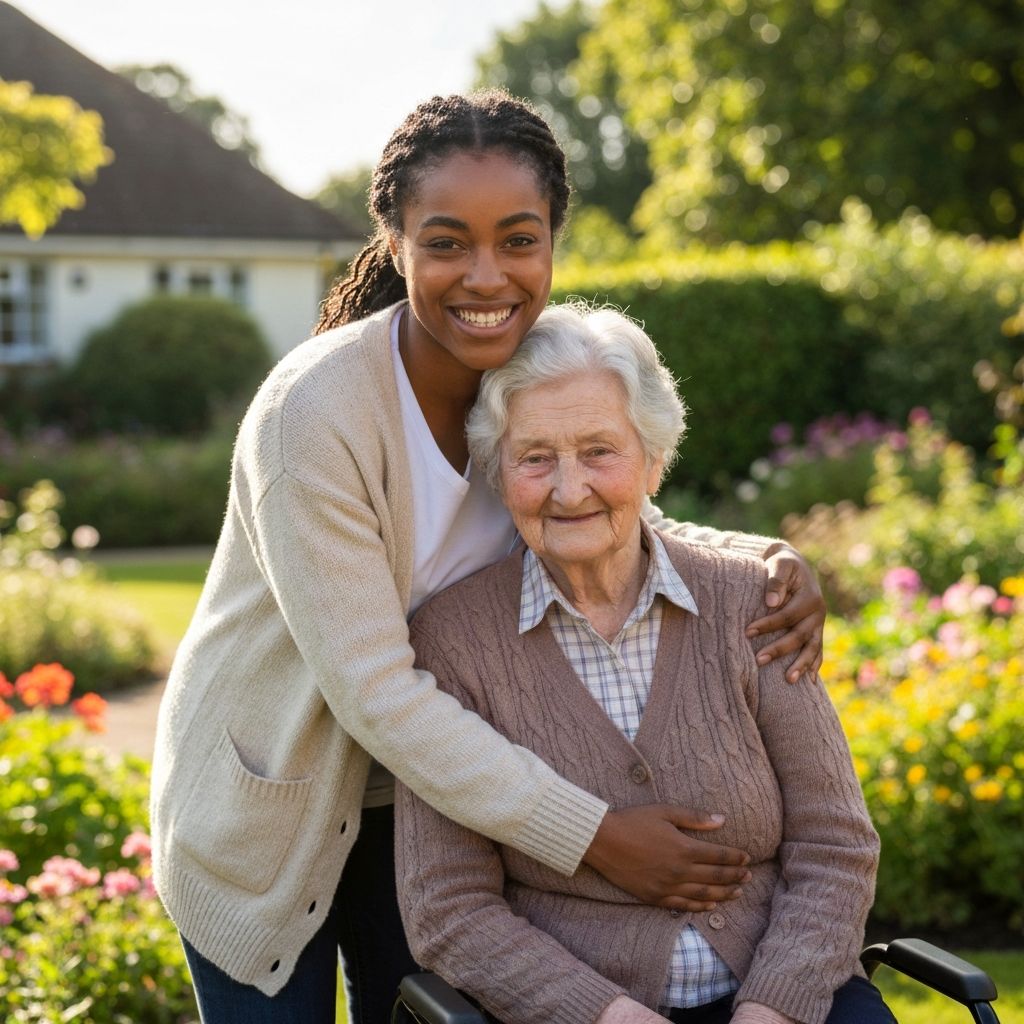 A young mixed-race female carer warmly embracing an elderly woman outdoors, representing the emotional support provided by CareHubSupport's respite care service